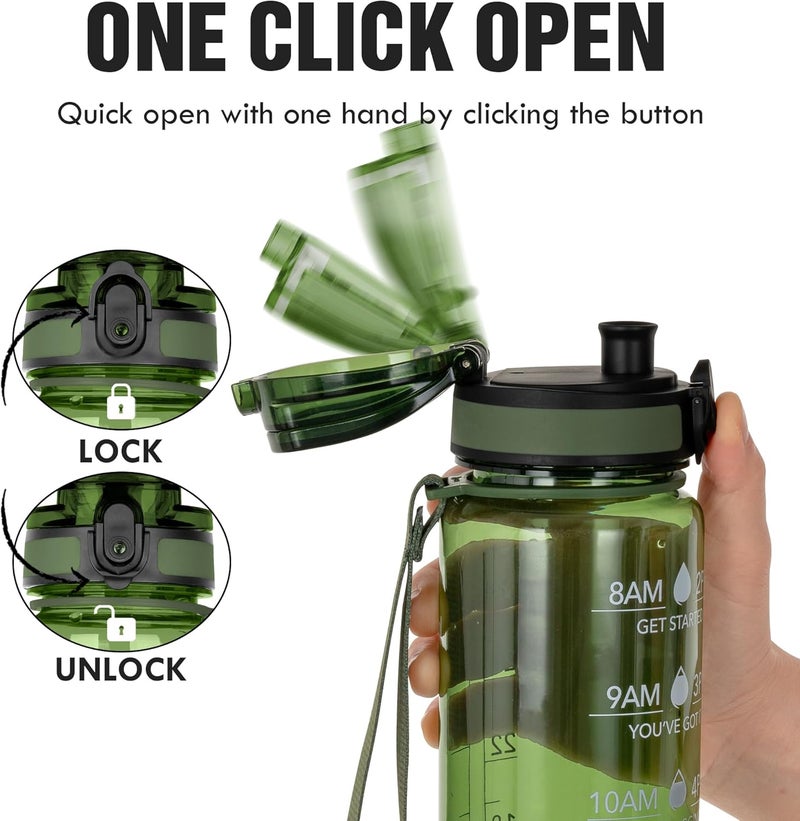 OLDLEY Water Bottle 32oz, Durable and Leakproof Water Bottles Motivational with Time Marker, Tritan, BPA Free, Wide Mouth, Gym, Travel, Home, School, Office, Olive (1 Bottle) - Image 4